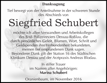 Traueranzeige von Siegfried Schubert von WVG - Wochenspiegel Wittenberg