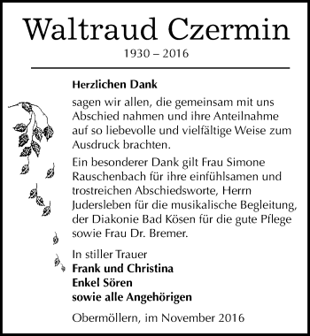 Traueranzeige von Waltraud Czermin von Mitteldeutsche Zeitung Naumburg/Nebra