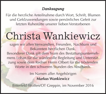 Traueranzeige von Christa Wankiewicz von WVG - Wochenspiegel Bitterfeld