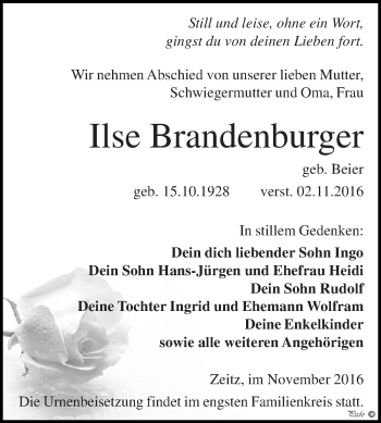 Traueranzeige von Ilse Brandenburger von Super Sonntag Zeitz