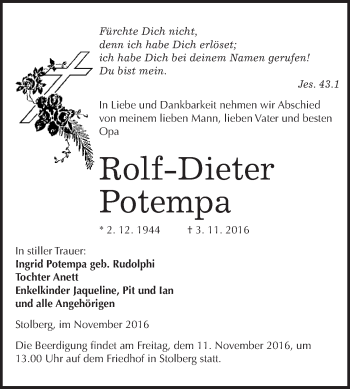 Traueranzeige von Rolf-Dieter Potempa von WVG - Wochenspiegel Quedlinburg
