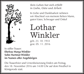Traueranzeige von Lothar Winkler von WVG - Wochenspiegel Quedlinburg