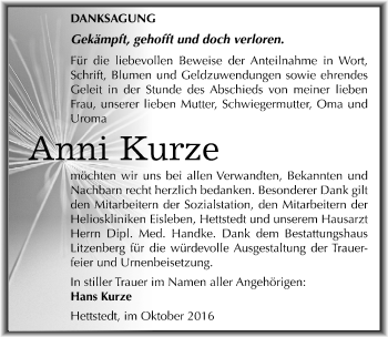 Traueranzeige von Anni Kurze von Mitteldeutsche Zeitung Mansfelder Land