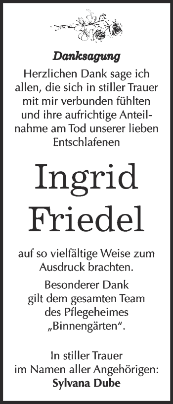 Traueranzeige von Ingrid Friedel von WVG - Wochenspiegel Bitterfeld