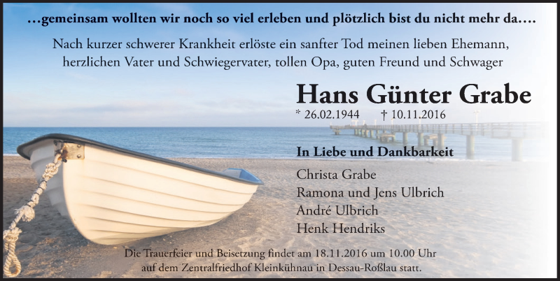  Traueranzeige für Hans Günter Grabe vom 15.11.2016 aus Mitteldeutsche Zeitung Dessau-Roßlau