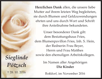 Traueranzeige von Sieglinde Pötzsch von WVG - Wochenspiegel Wittenberg