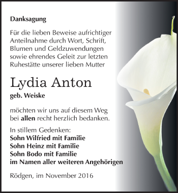 Traueranzeige von Lydia Anton von Mitteldeutsche Zeitung Bitterfeld