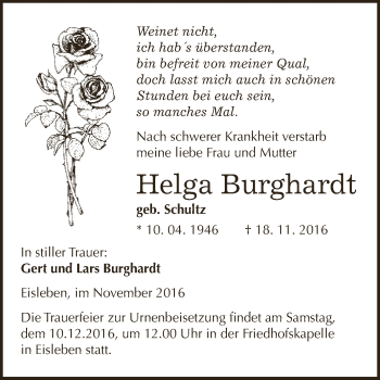 Traueranzeige von Helga Burghardt von Wochenspiegel Mansfelder Land