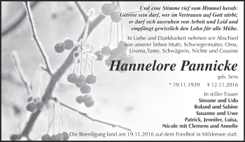 Traueranzeige von Hannelore Pannicke von WVG - Wochenspiegel Dessau / Köthen