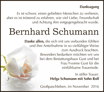 Traueranzeige von Bernhard Schumann von WVG - Wochenspiegel Dessau / Köthen