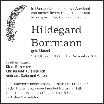 Traueranzeige von Hildegard Borrmann von WVG - Wochenspiegel Bitterfeld