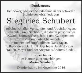 Traueranzeige von Siegfried Schubert von WVG - Wochenspiegel Wittenberg