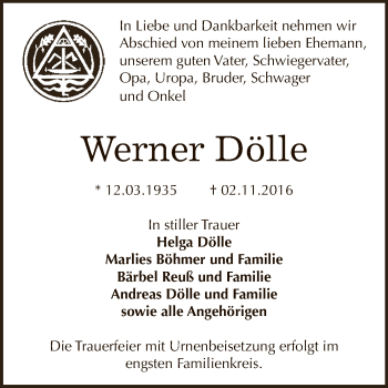Traueranzeige von Werner Dölle von Super Sonntag Bernburg
