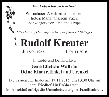 Traueranzeige von Rudolf Kreuter von WVG - Wochenspiegel Dessau / Köthen