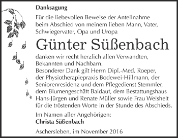 Traueranzeige von Günter Süßenbach von Super Sonntag Aschersleben