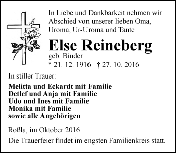 Traueranzeige von Else Reineberg von Mitteldeutsche Zeitung Sangerhausen