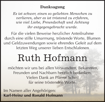 Traueranzeige von Ruth Hofmann von Mitteldeutsche Zeitung Bitterfeld