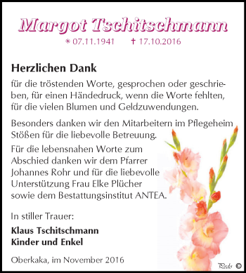 Traueranzeige von Margot Tschitschmann von Super Sonntag Zeitz