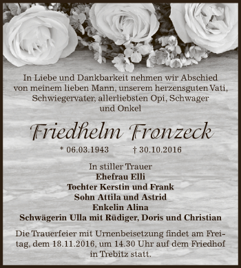 Traueranzeige von Friedhelm Fronzeck von Super Sonntag Bernburg
