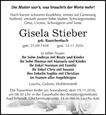 Traueranzeige von Gisela Stieber von Mitteldeutsche Zeitung Naumburg/Nebra