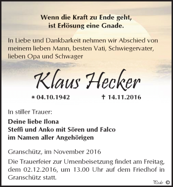 Traueranzeige von Klaus Hecker von Mitteldeutsche Zeitung Weißenfels