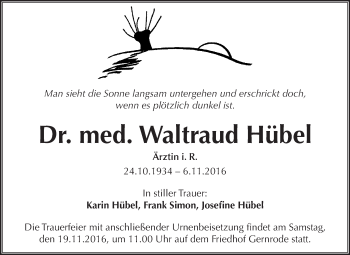 Traueranzeige von Waltraud Hübel von WVG - Wochenspiegel Quedlinburg