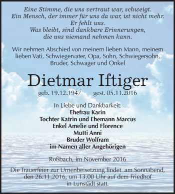 Traueranzeige von Dietmar Iftiger von WVG - Wochenspiegel Merseburg