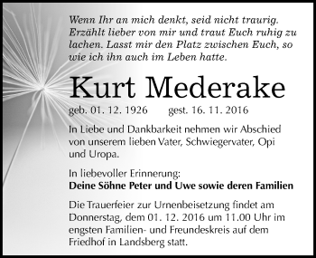 Traueranzeige von Kurt Mederake von Mitteldeutsche Zeitung Halle/Saalkreis
