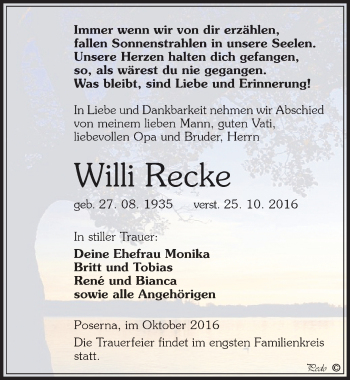 Traueranzeige von Willi Recke von Mitteldeutsche Zeitung Weißenfels