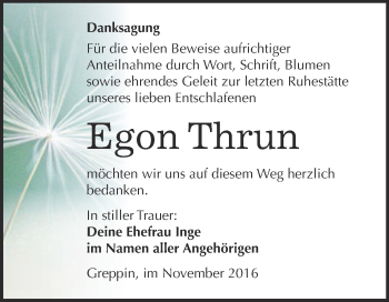 Traueranzeige von Egon Thrun von WVG - Wochenspiegel Bitterfeld