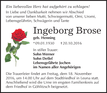 Traueranzeige von Ingeborg Brose von Mitteldeutsche Zeitung Merseburg/Querfurt