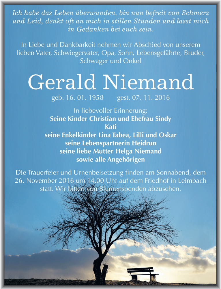  Traueranzeige für Gerald Niemand vom 23.11.2016 aus Mitteldeutsche Zeitung Mansfelder Land