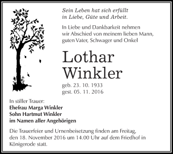 Traueranzeige von Lothar Winkler von Super Sonntag SGH Mansf. Land