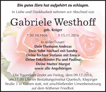 Traueranzeige von Gabriele Westhoff von Mitteldeutsche Zeitung Köthen