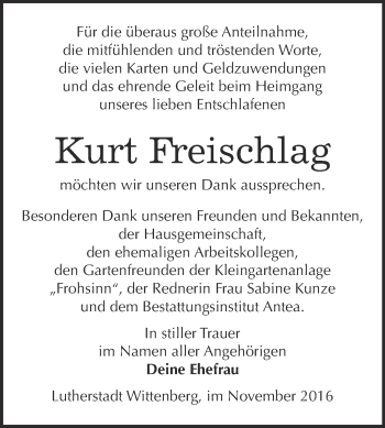 Traueranzeige von Kurt Freischlag von Super Sonntag Wittenberg
