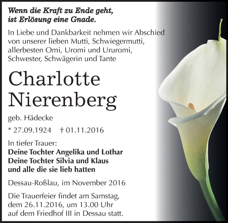  Traueranzeige für Charlotte Nierenberg vom 05.11.2016 aus Mitteldeutsche Zeitung Dessau-Roßlau