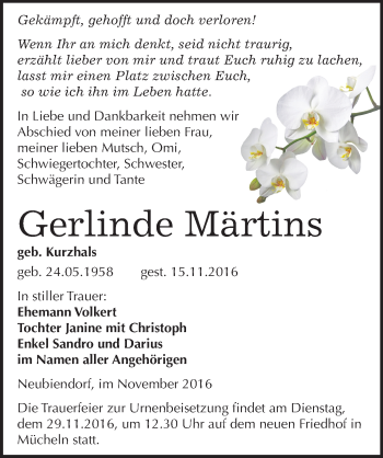 Traueranzeige von Gerlinde Märtins von Mitteldeutsche Zeitung Merseburg/Querfurt