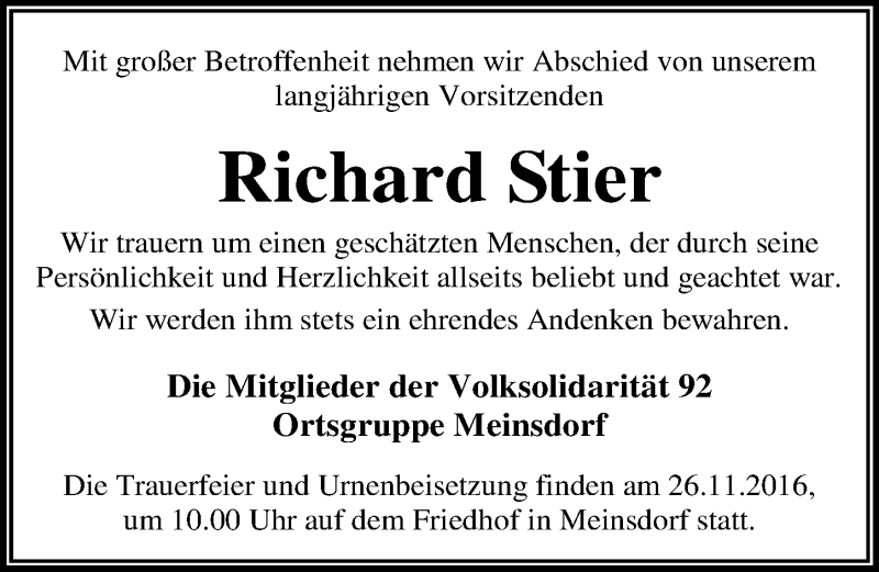  Traueranzeige für Richard Stier vom 19.11.2016 aus Mitteldeutsche Zeitung Dessau-Roßlau