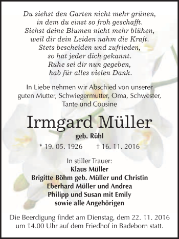 Traueranzeige von Irmgard Müller von WVG - Wochenspiegel Quedlinburg