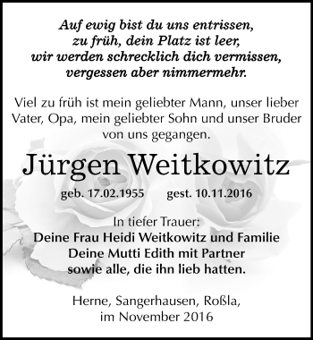 Traueranzeige von Jürgen Weitkowitz von Mitteldeutsche Zeitung Sangerhausen