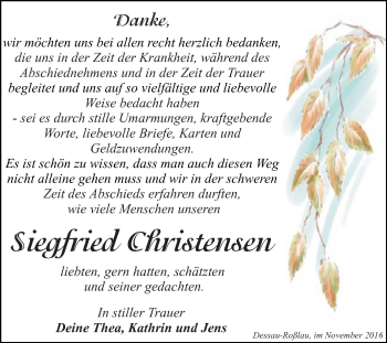 Traueranzeige von Siegfried Christensen von WVG - Wochenspiegel Dessau / Köthen