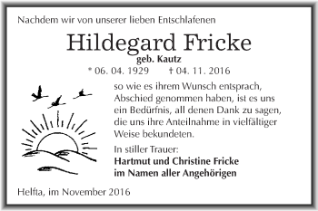 Traueranzeige von Hildegard Fricke von Wochenspiegel Mansfelder Land
