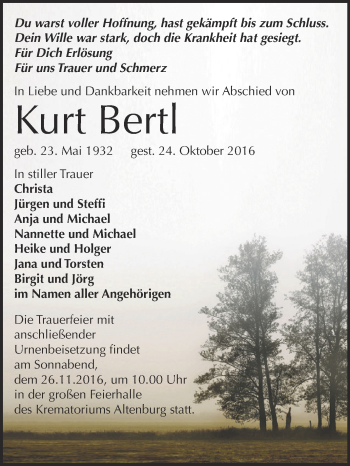 Traueranzeige von Kurt Bertl von Super Sonntag Zeitz