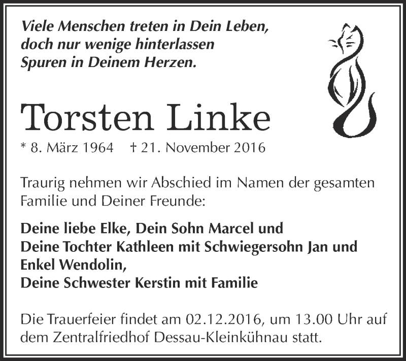  Traueranzeige für Torsten Linke vom 26.11.2016 aus WVG - Wochenspiegel Dessau / Köthen