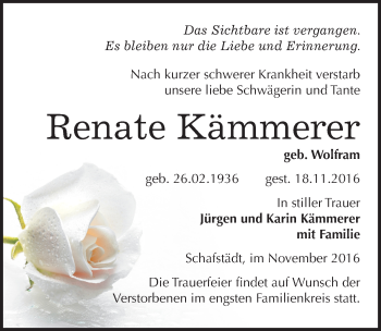 Traueranzeige von Renate Kämmerer von Mitteldeutsche Zeitung Sangerhausen