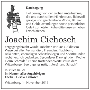 Traueranzeige von Joachim Cichosch von WVG - Wochenspiegel Wittenberg