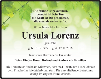 Traueranzeige von Ursula Lorenz von Super Sonntag Quedlinburg