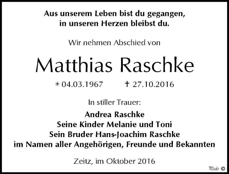 Traueranzeigen von Matthias Raschke www.abschiednehmen.de