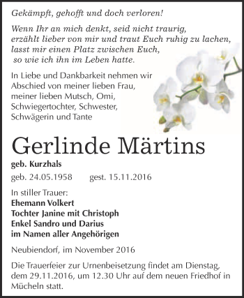 Traueranzeige von Gerlinde Märtins von WVG - Wochenspiegel Merseburg