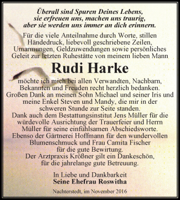 Traueranzeige von Rudi Harke von Super Sonntag Aschersleben